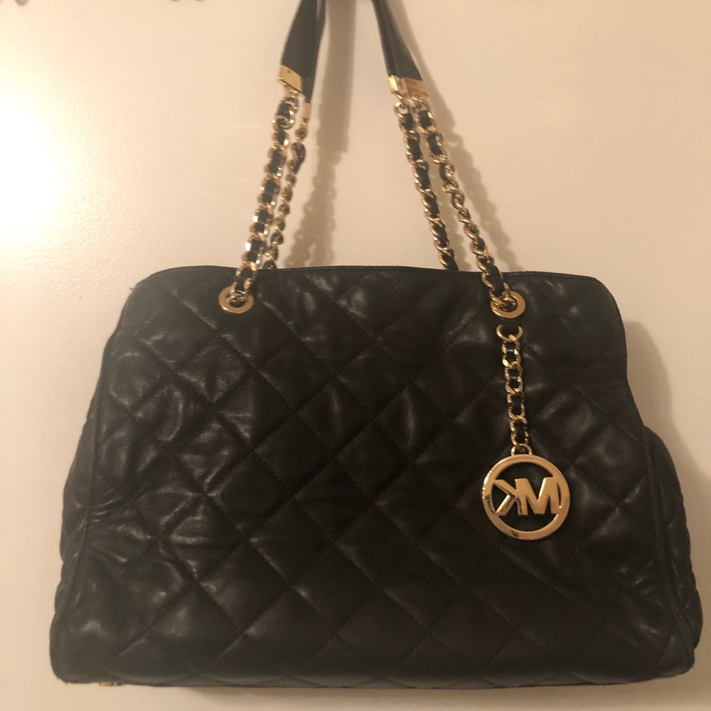 Michael Kors Black Leather Quilt Gold Handle Purse